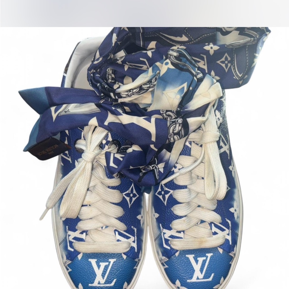 Louis Vuitton Blue and White Monogram Sneakers with Scarf